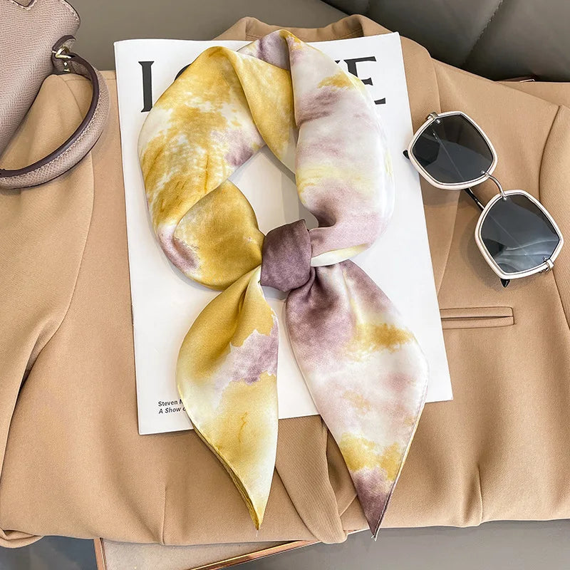 70x70cm Silk Square For Women Floral Printed Shawl Wrap Spring Summer Neckerchife Hair Band Lady Winter Scarves