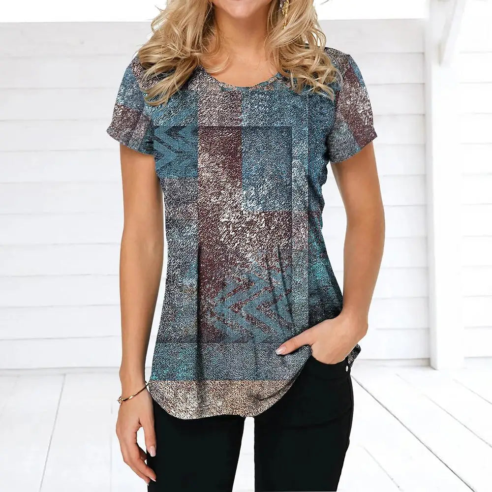 NoEnName_Null Women’s 3D Print Patchwork T-Shirt – Casual American Retro O-Neck Short Sleeve Top