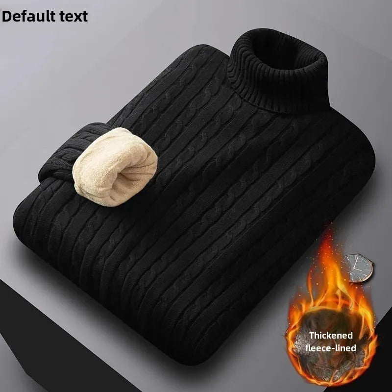 Men's Polo Turtle Neck Sweater Thick Cotton Knitted Top Fleece-Lined And Thickened Warm Bras Soft Winter Jumper