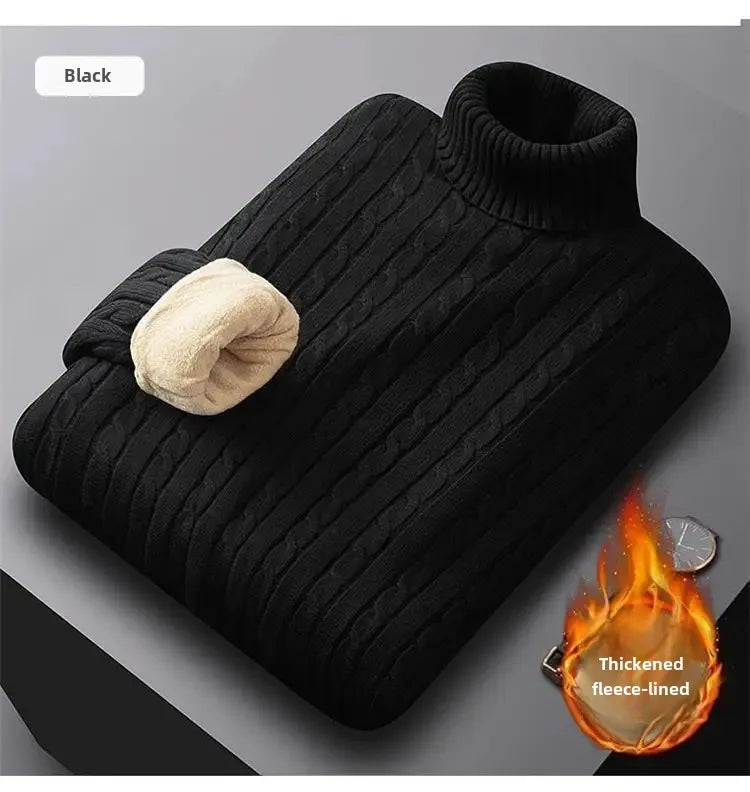 Men's Polo Turtle Neck Sweater Thick Cotton Knitted Top Fleece-Lined And Thickened Warm Bras Soft Winter Jumper