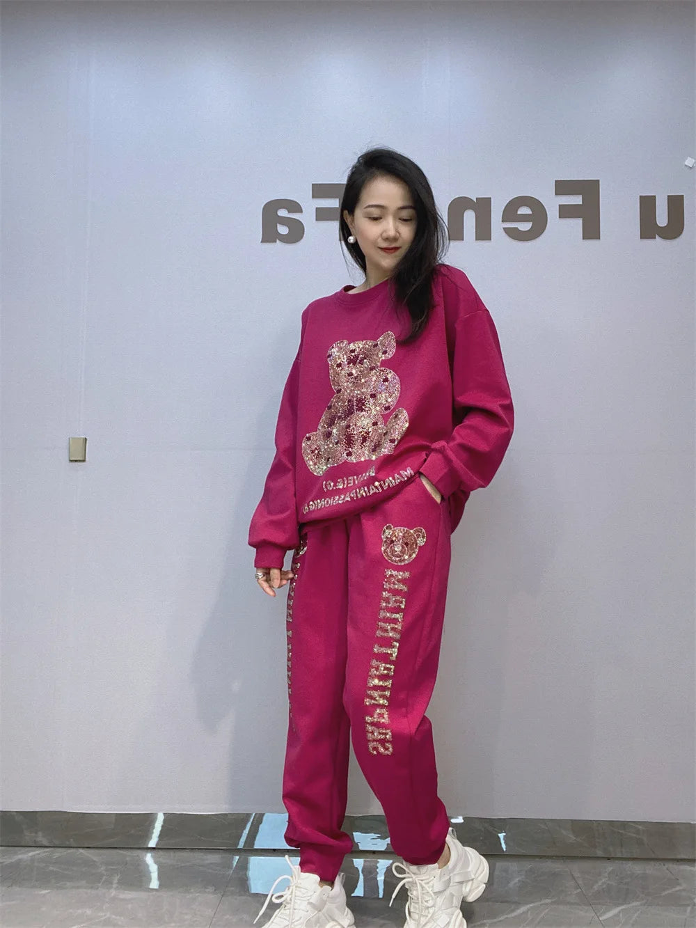 NoEnName_Null Casual Autumn/Winter Cartoon Pattern Pullover Set with Drawstring Waist and Pockets  &nbsp;