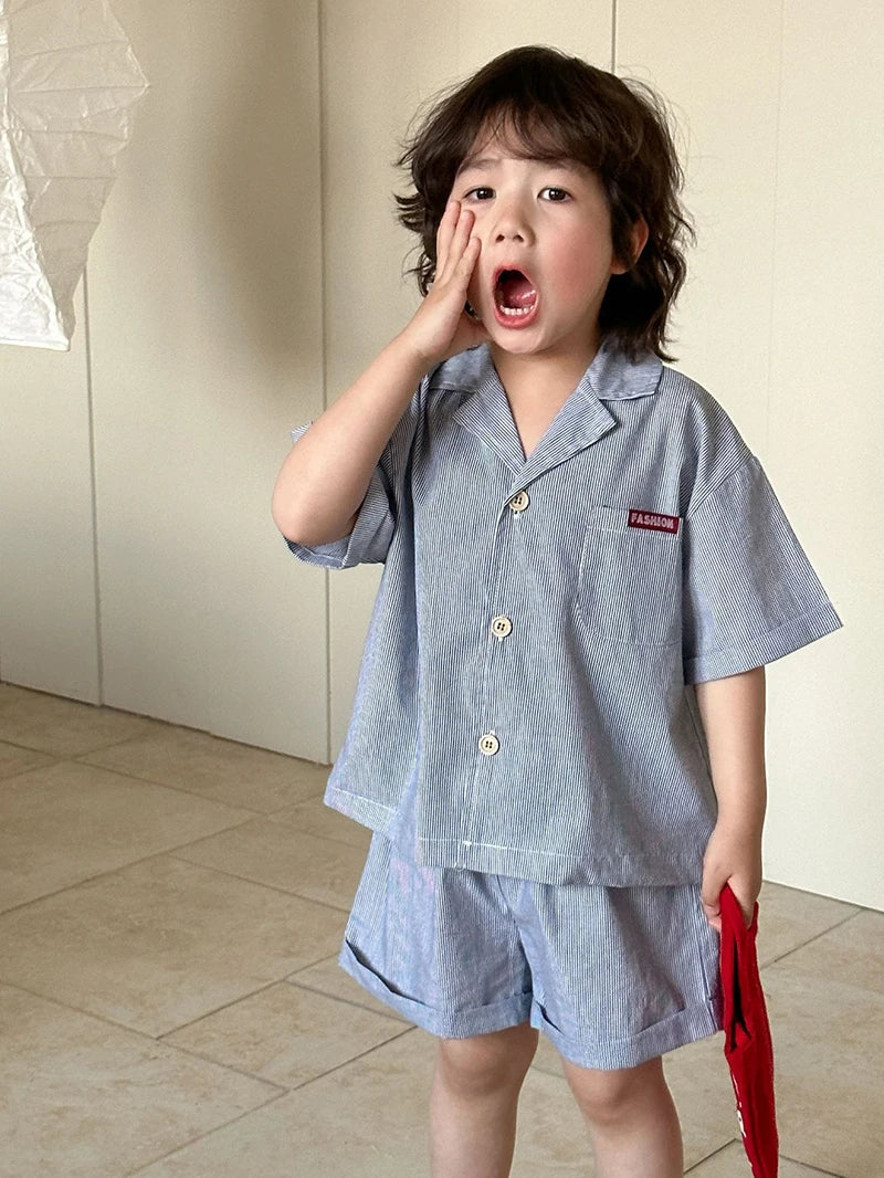 MILANCEL Unisex Summer Cotton Clothing Set for Kids (Ages 4–6) – Striped Short Sleeve Shirt and Shorts