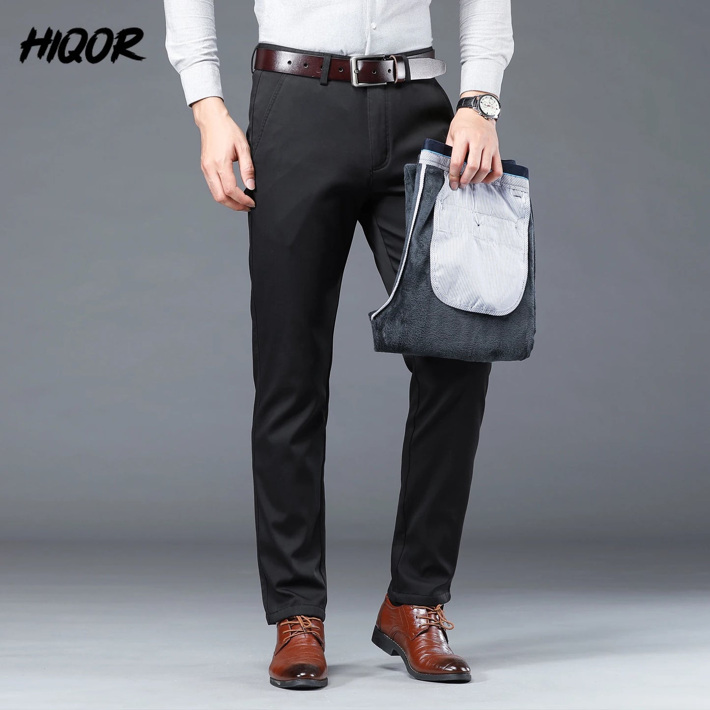 HIQOR Winter Fleece Men's Casual Pants Stretch Solid Business Straight Trousers ideally for Office .