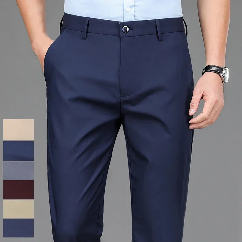 Men's Stretchy Casual Business Pants Spring Summer Breathable Full Length Home Work Trousers