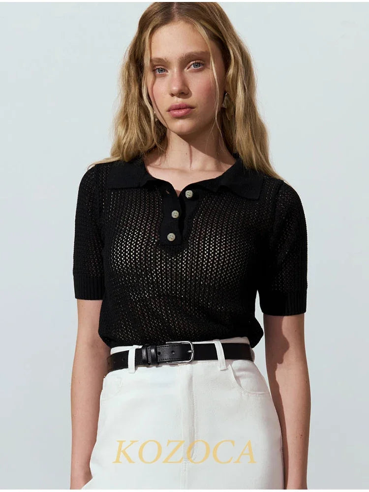 KOZOCA Women's Hollow-Out Knit T-shirt – Casual Solid Spring/Summer Top