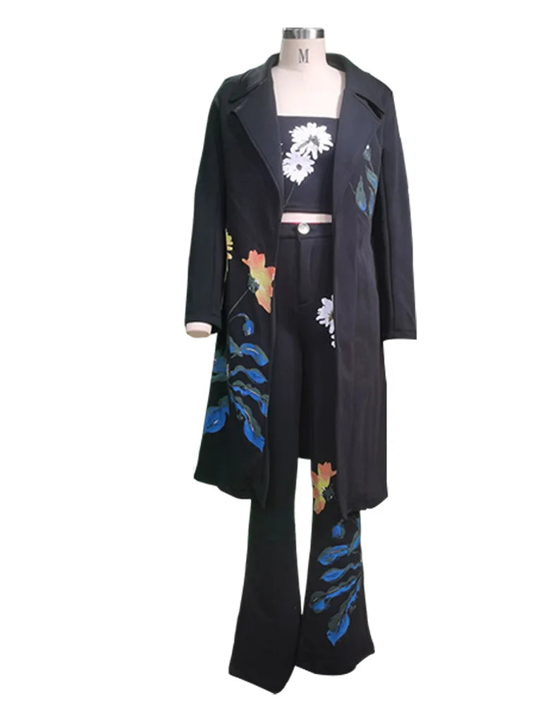 Long Trench coat Sets Female Autumn Temperament Print Flower Windbreaker Wide Leg Pant Suit Three Piece Set Office Lady