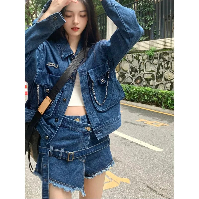 Hikigawa 3 Set Roupas Femininas Vintage Long Sleeve Women Jean Jackets Chic Fashion+Short Length Pants+All Match Leg Warmer