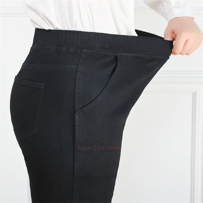 NoEnName_Null Women's High-Waist Cotton Elastic Denim Straight-Leg Jeans with Pockets – Autumn/Winter