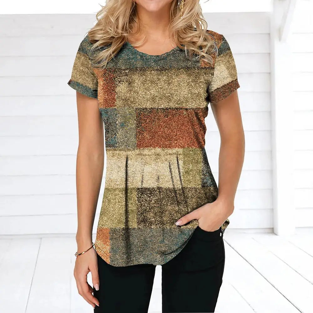 NoEnName_Null Women’s 3D Print Patchwork T-Shirt – Casual American Retro O-Neck Short Sleeve Top