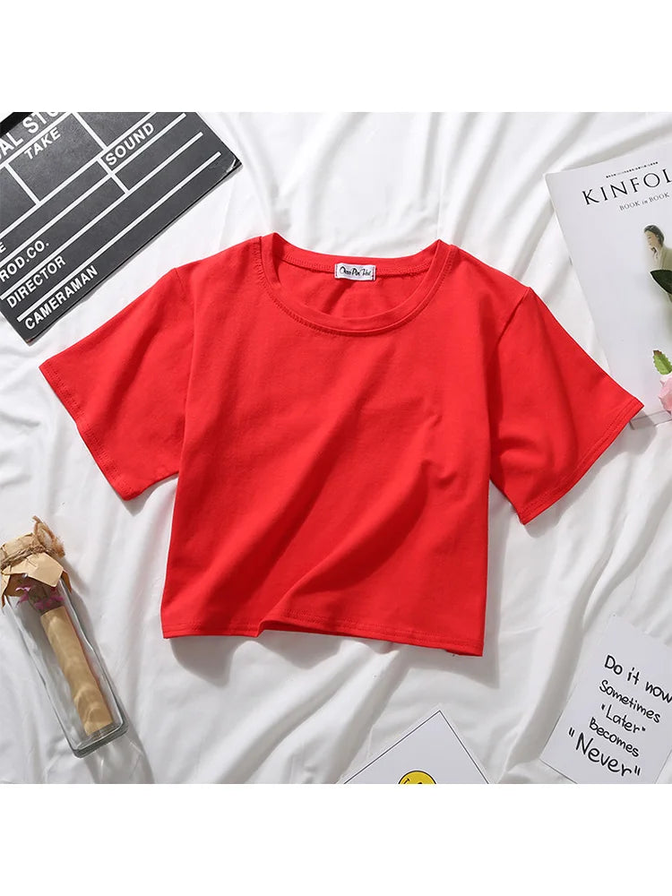 Summer Short Sleeve T Shirts Women  Solid O Neck High Waist Crop Top Tee Female Casual Loose T Shirt