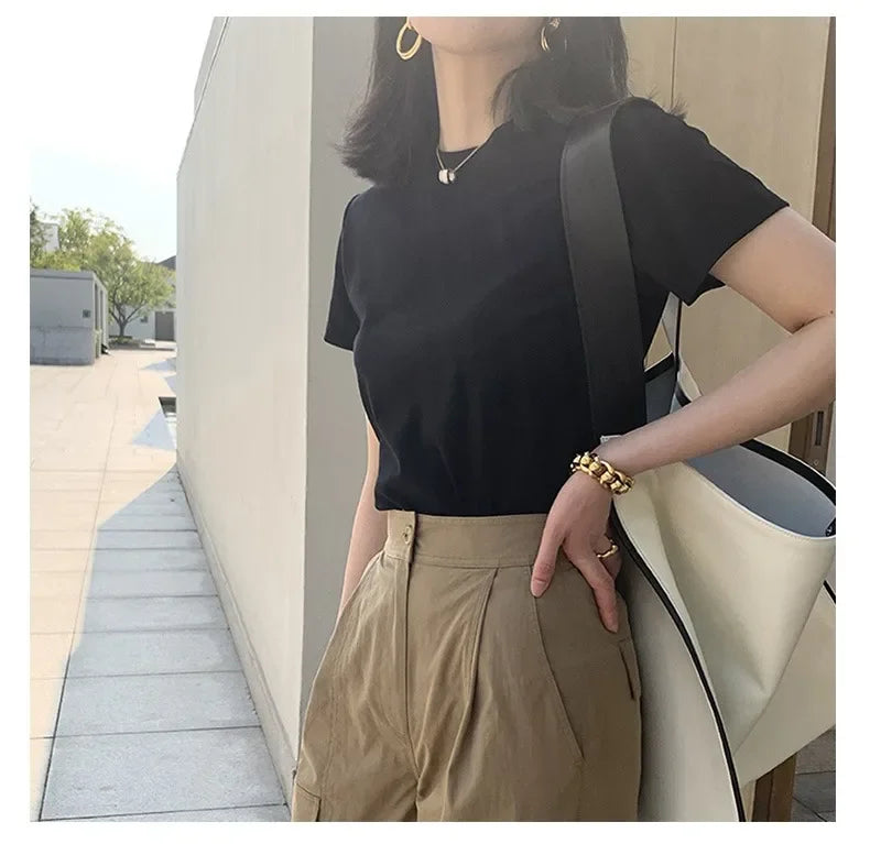 Summer T Shirts For Women cream Casual Korean Streetwear Basic Solid Young Cool free-sized Tops 2025