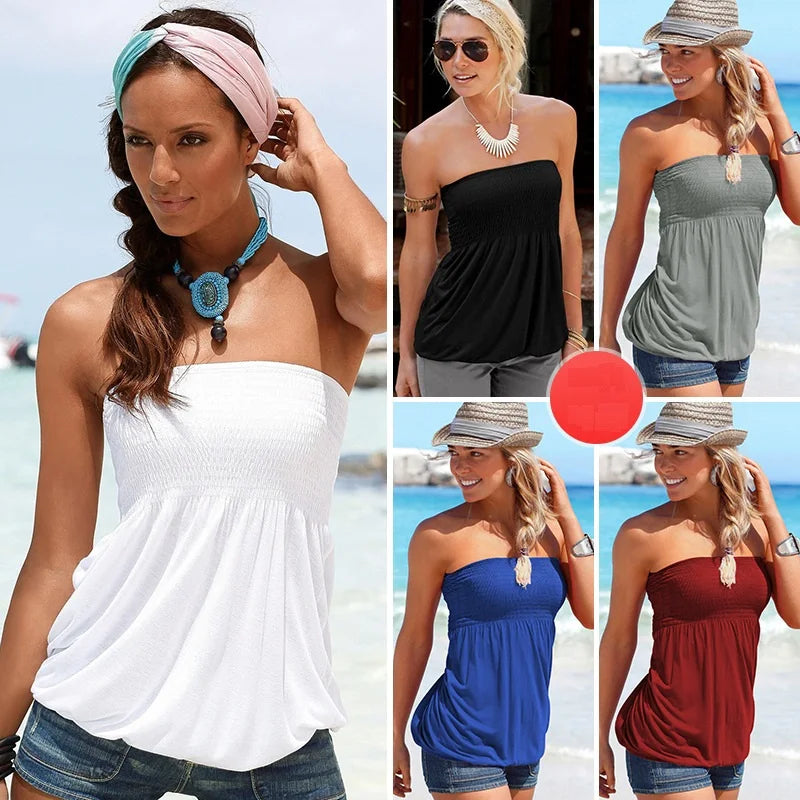 Summer T-shirt for Women new Fashion Sexy Off Shoulder Strapless Short Sleeve Beach Tops