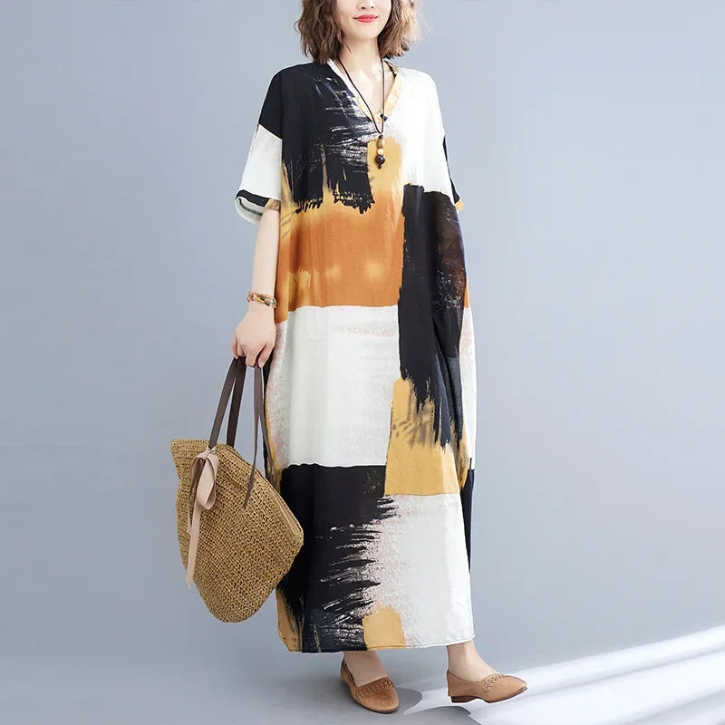 Boho Floral Cotton-Linen Summer Dress for Women – Ankle-Length, Loose Fit, O-Neck