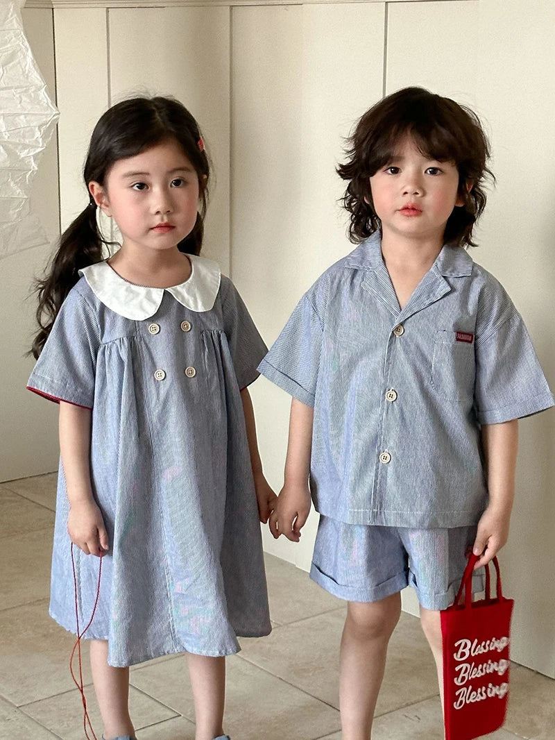 MILANCEL Unisex Summer Cotton Clothing Set for Kids (Ages 4–6) – Striped Short Sleeve Shirt and Shorts