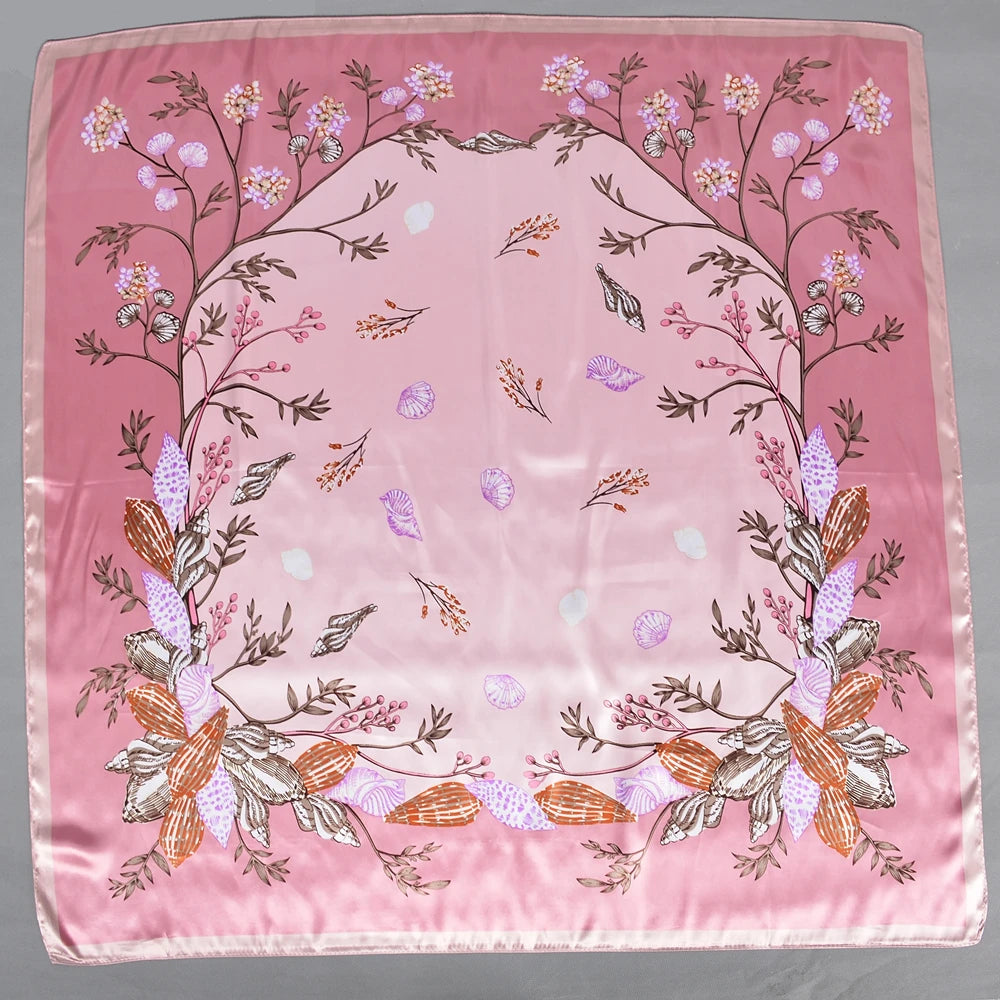 Pink New Elegant Floral Square Silk Satin Scarves