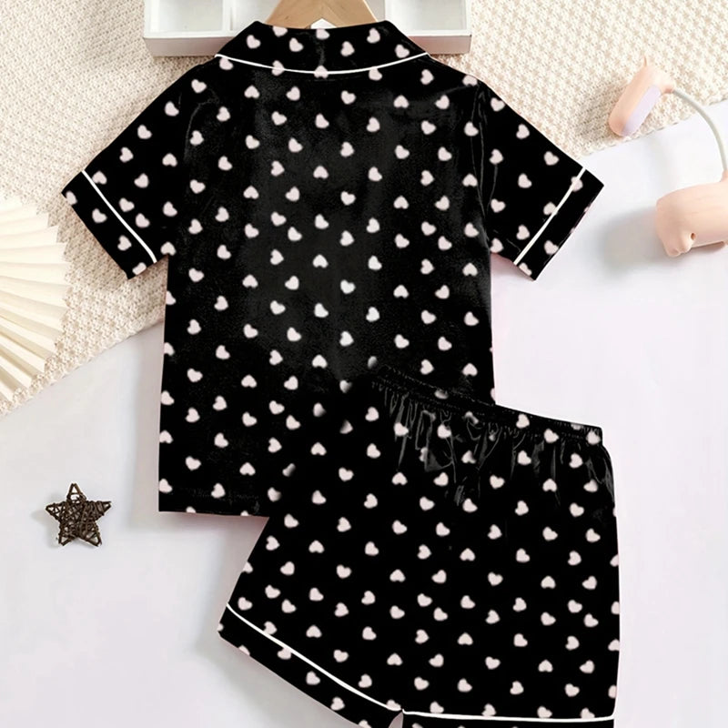 Girls Simulation Silk Short Sleeve Shorts Homewear Set Children Button Heart Lapel Pajamas 8-12 Years Old Children Pajamas Set