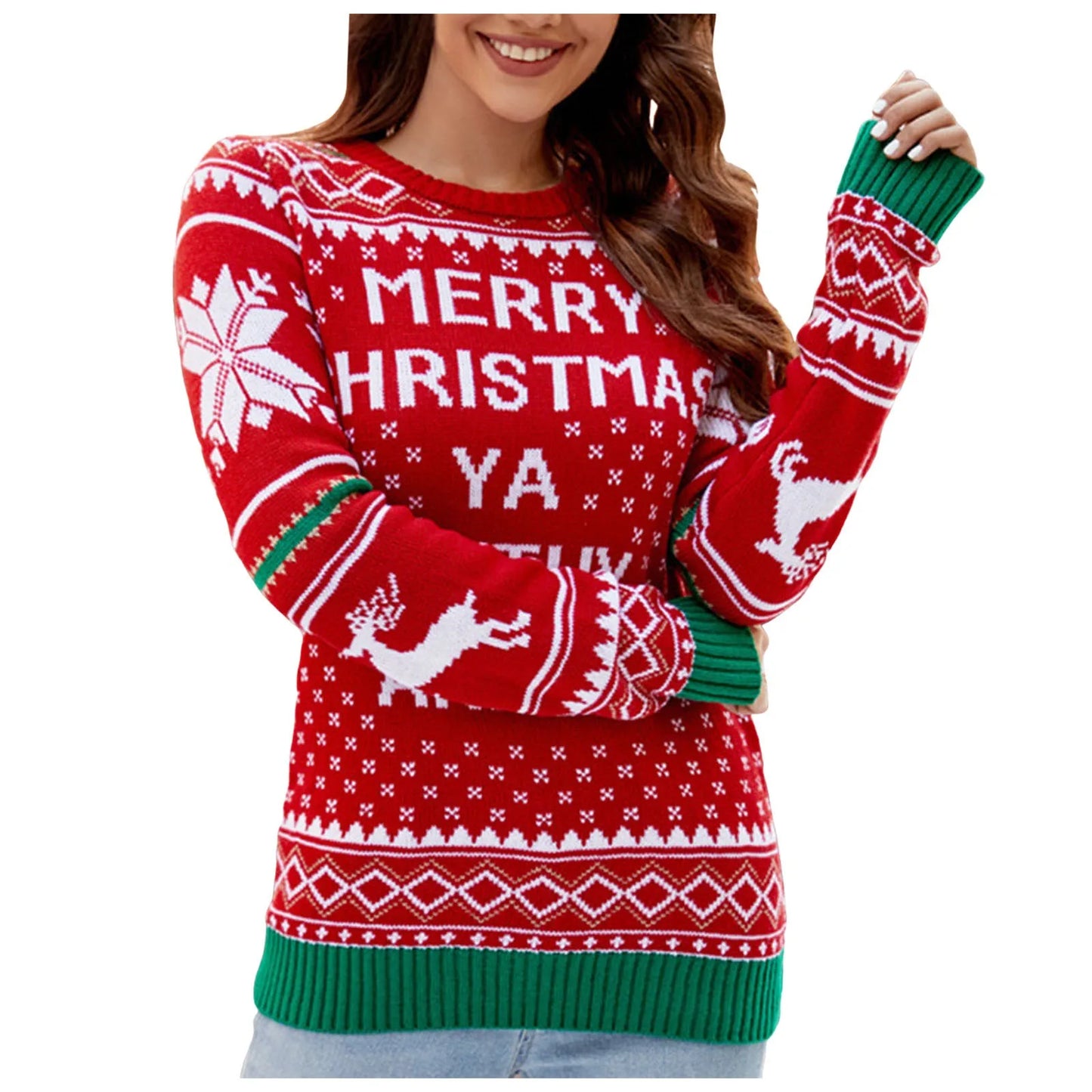 Women's Autumn and Winter New Christmas Casual Round Neck Embroidered Jumper.