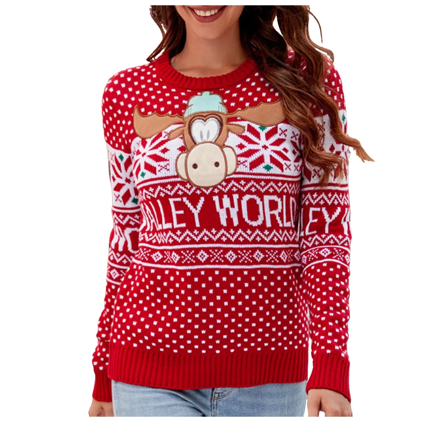 Women's Autumn and Winter New Christmas Casual Round Neck Embroidered Jumper.