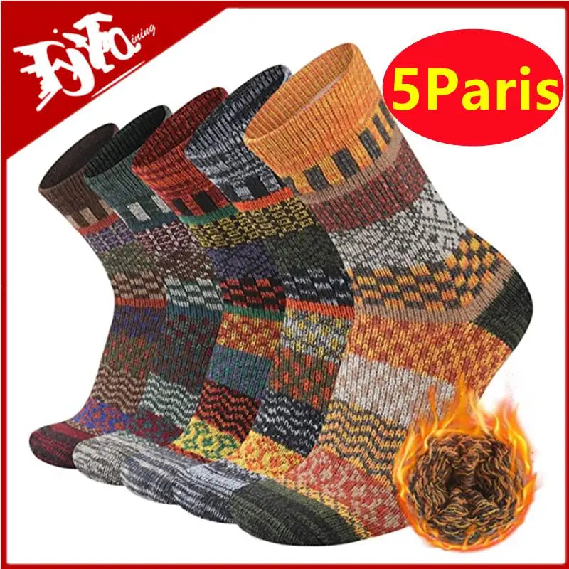 5 Pairs Winter Thick Warm Nordic Wool Blend Socks High Quality Fashion Vintage Thermal Crew socks For Men and Women Gifts 2023