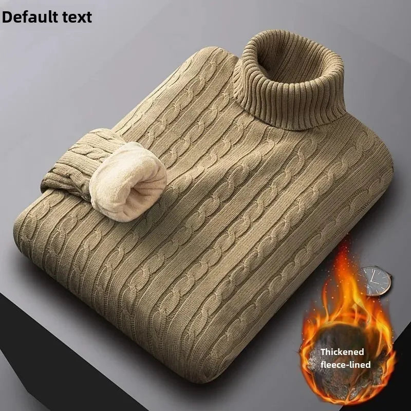 Men's Polo Turtle Neck Sweater Thick Cotton Knitted Top Fleece-Lined And Thickened Warm Bras Soft Winter Jumper