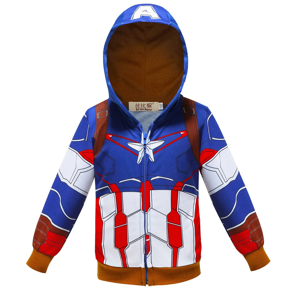 Kids Spiderman Hulk Thor Iron Man Hoodies Cosplay  Cartoon Print Zipper Hooded Jacket for Children