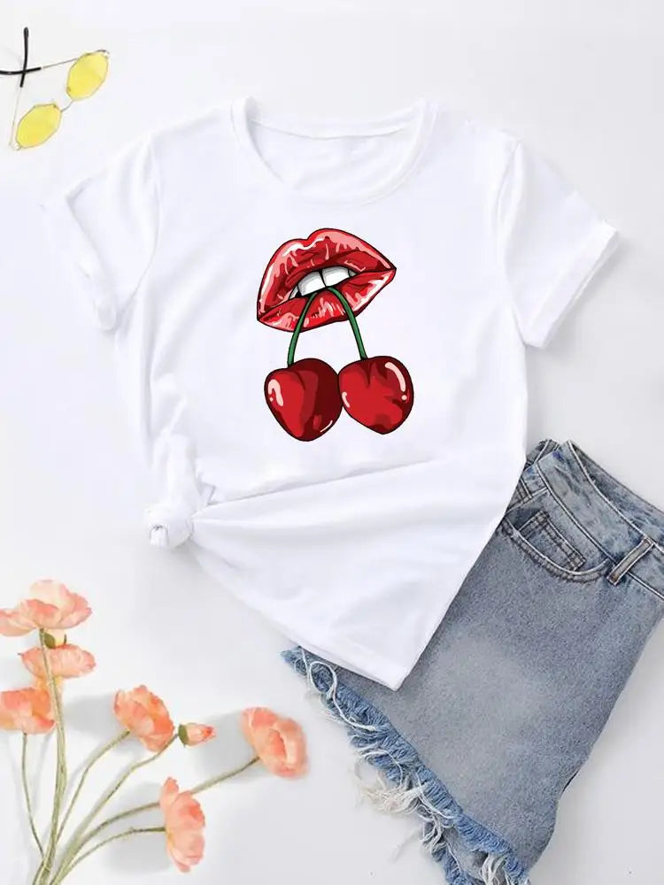 NoEnName_Null Women's Cartoon Print Casual O-Neck T-shirt – Summer Top