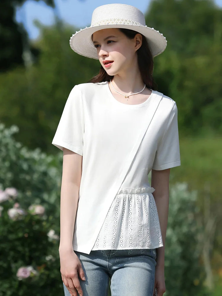 Summer New T-shirts For Women 2024 Spliced Hollow Out Pleated Short-sleeve Casual Fashion Female Blouse 2242015652