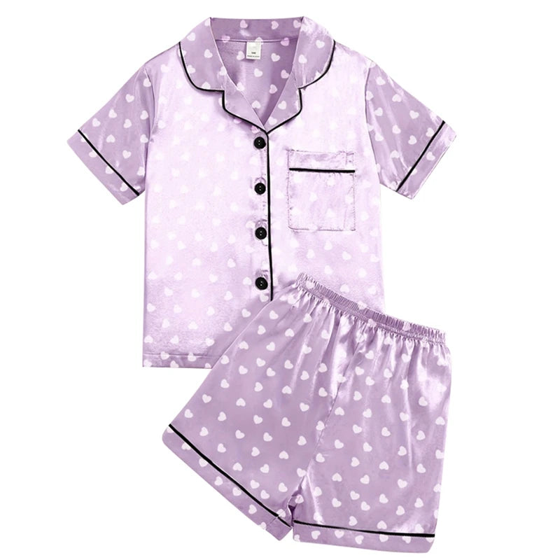 Girls Simulation Silk Short Sleeve Shorts Homewear Set Children Button Heart Lapel Pajamas 8-12 Years Old Children Pajamas Set