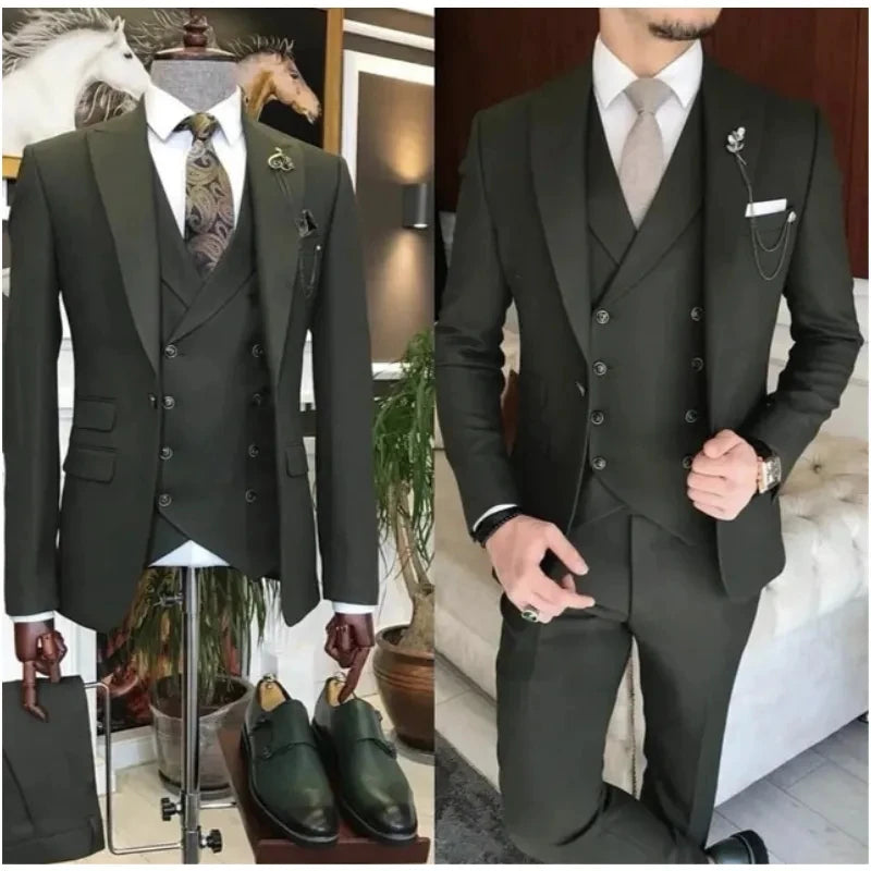 New Business Khaki Formal Men's Slim Fit Suits 3 Pieces Wedding Groom Prom