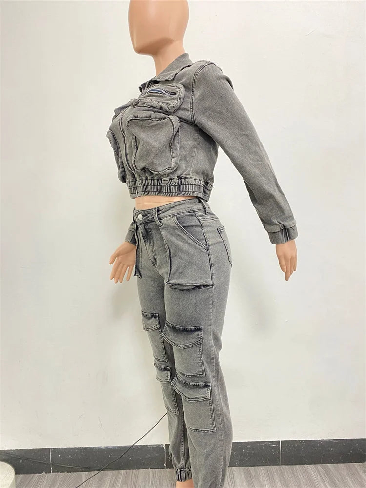 Two Piece Set Women 's jeans Jacket and pants New in Winter Matching Clothes