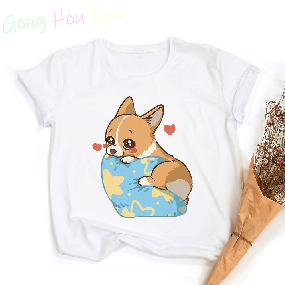 Gong Hou Ren Women’s Corgi Cartoon Graphic T-Shirt – Summer 2024 Collection