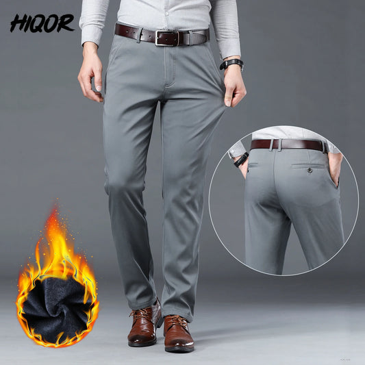 HIQOR Winter Fleece Men's Casual Pants Stretch Solid Business Straight Trousers ideally for Office .