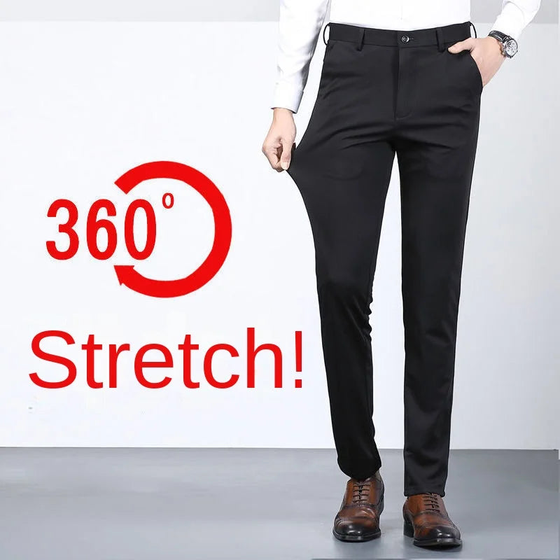 Men's Summer Casual Elastic Non-ironing Trousers coloured in Black Slim-fit Straight Business Formal Trousers