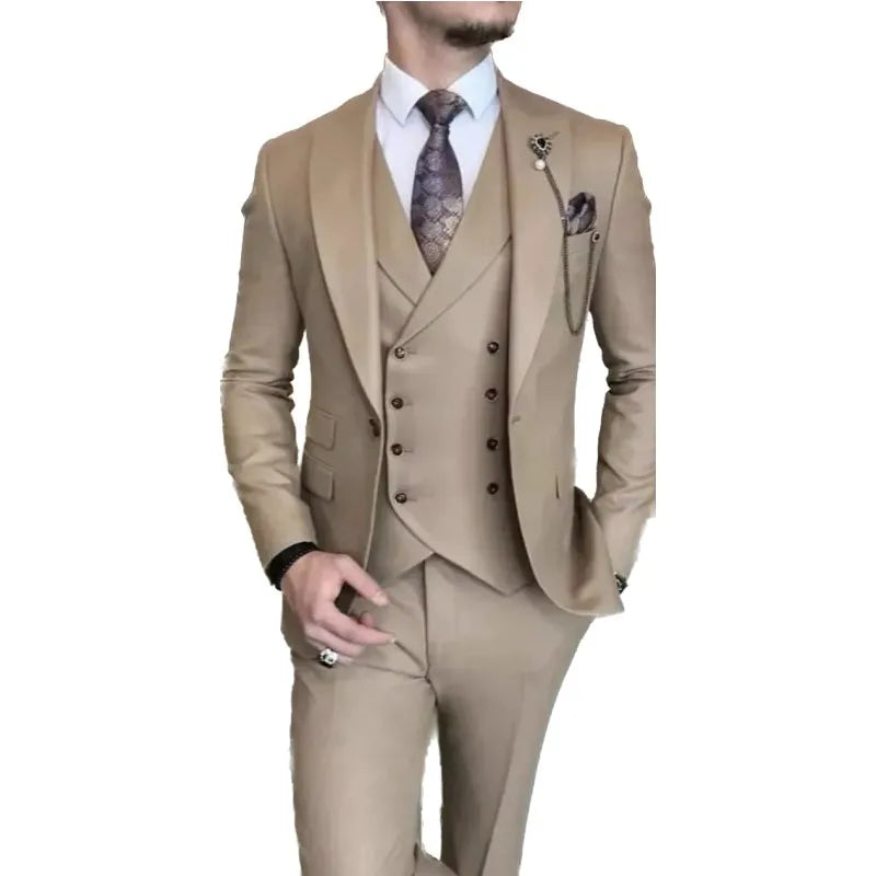 New Business Khaki Formal Men's Slim Fit Suits 3 Pieces Wedding Groom Prom