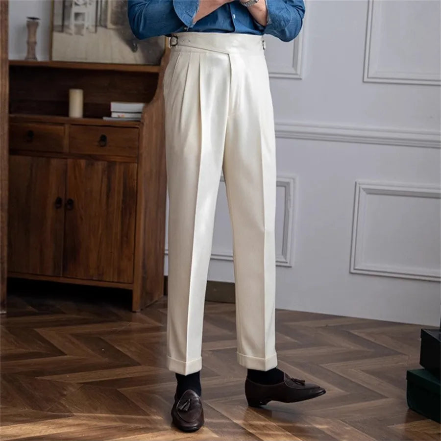 Men Solid Color Suit Trousers Spring Trendy Belt High Waist Pants Male Business Office Fashion Pleated Straight Pants Streetwear