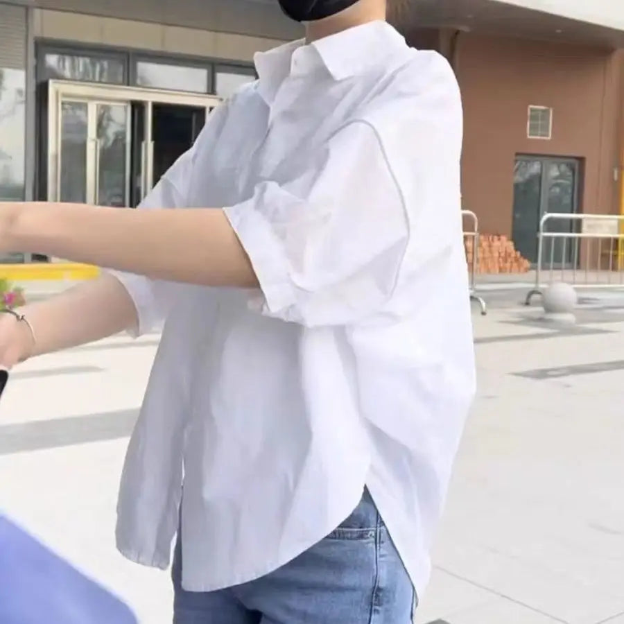 NoEnName_Null Women's Loose Fit Casual Shirt – Turn-down Collar Batwing Sleeve Cardigan