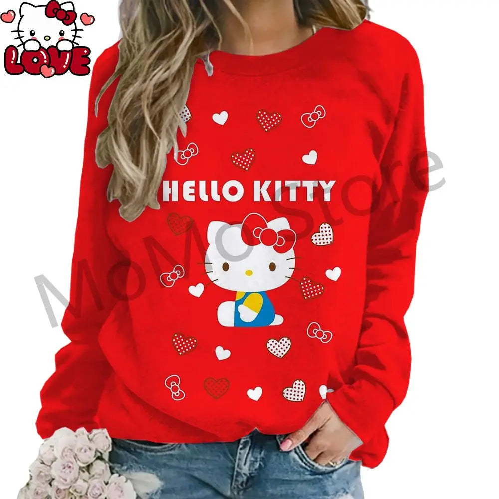 Women's Long Sleeve Hello Kitty O Neck Lovely Pullovers Y2k Streetwear shirt S-3XL New High Quality Kawaii Clothes