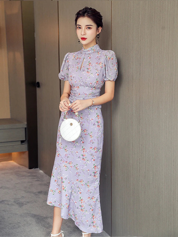 MingJieBiHuo Women's Sweet Asymmetrical Print Dress with Puff Sleeves – Summer Collection