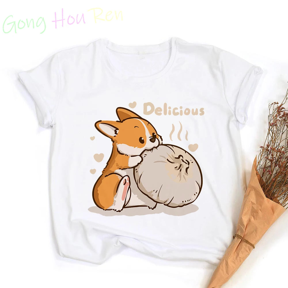Gong Hou Ren Women’s Corgi Cartoon Graphic T-Shirt – Summer 2024 Collection