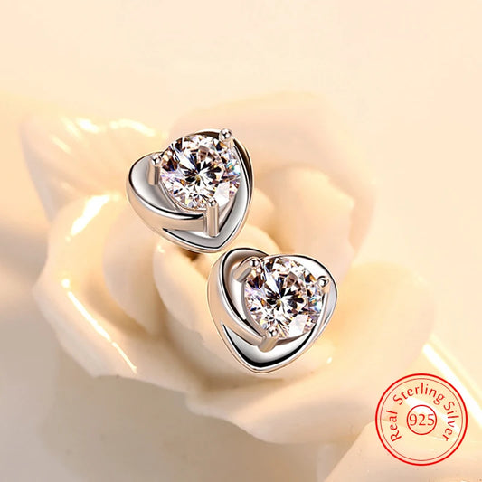 Genuine 925 Sterling Silver Jewelry Crystal Heart Stud Earrings For Women