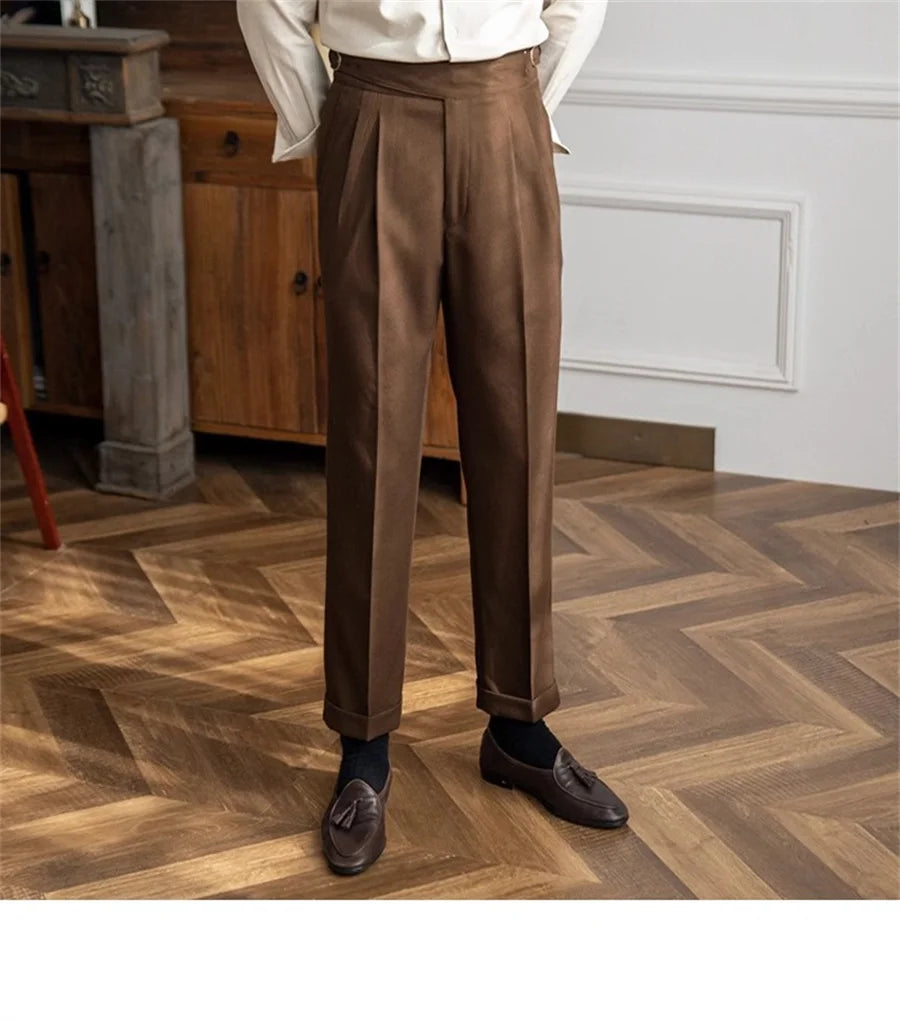 Men Solid Color Suit Trousers Spring Trendy Belt High Waist Pants Male Business Office Fashion Pleated Straight Pants Streetwear