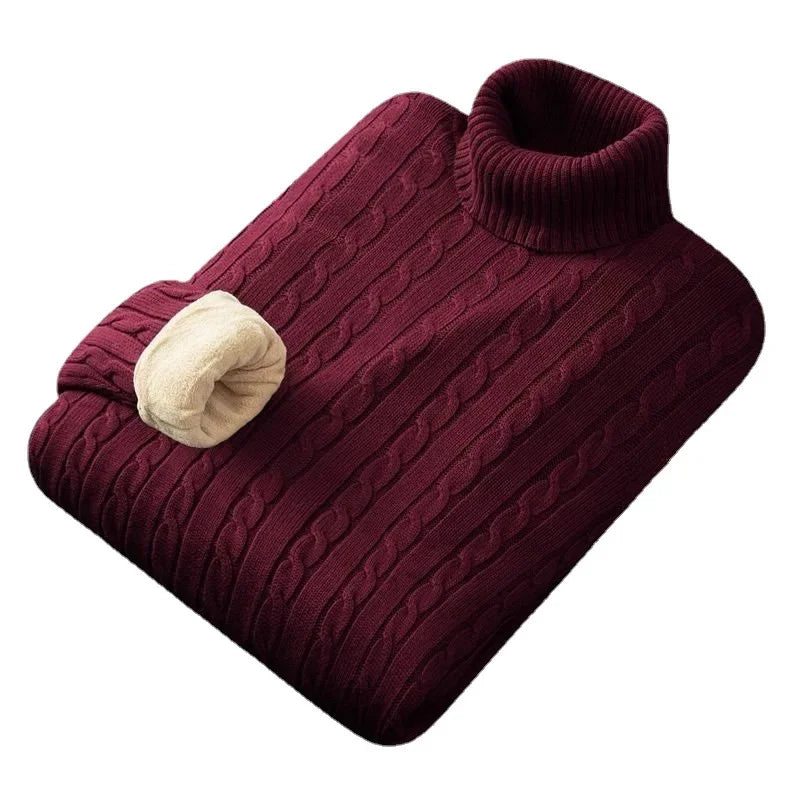 Men's Polo Turtle Neck Sweater Thick Cotton Knitted Top Fleece-Lined And Thickened Warm Bras Soft Winter Jumper