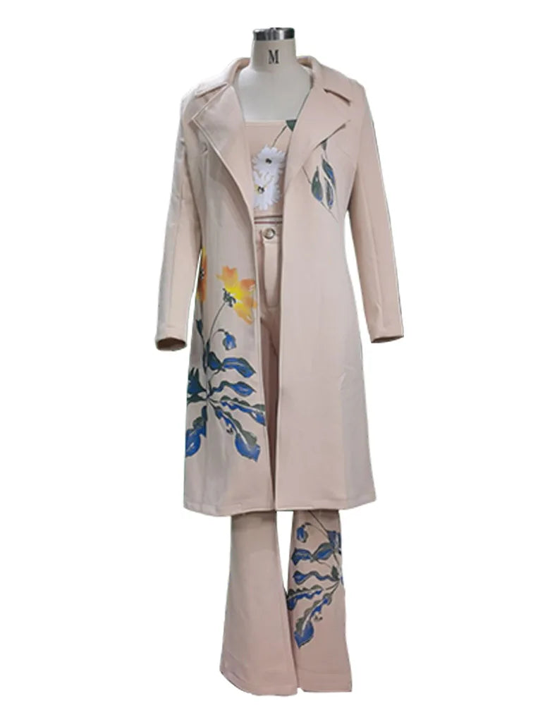 Long Trench coat Sets Female Autumn Temperament Print Flower Windbreaker Wide Leg Pant Suit Three Piece Set Office Lady