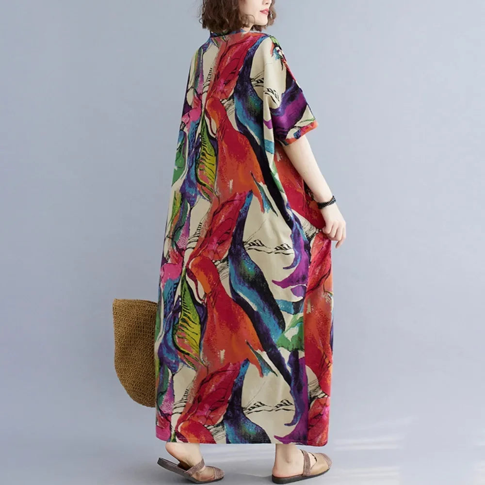 Boho Floral Cotton-Linen Summer Dress for Women – Ankle-Length, Loose Fit, O-Neck
