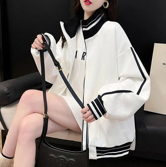 Black Sweatshirts for Women Full Zip Up Tops with Striped Y2k Hoodie Long Sleeve Style Matching