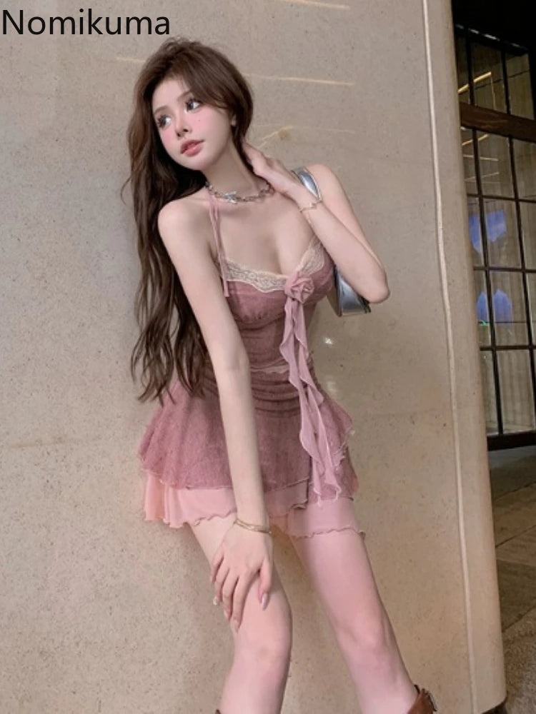 Nomikuma Women's Sexy Ruffled A-Line Mini Dress – Sleeveless V-Neck Summer Style