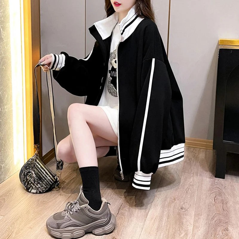 Black Sweatshirts for Women Full Zip Up Tops with Striped Y2k Hoodie Long Sleeve Style Matching