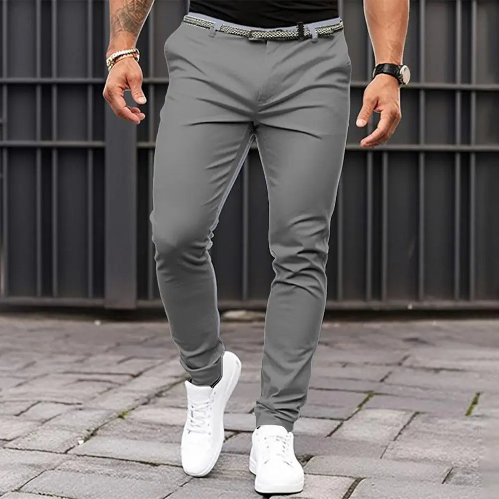 Slim Fit Pants Men's Solid Colour with Mid-rise Slant Pockets Zipper Fly  ideally for Business Office