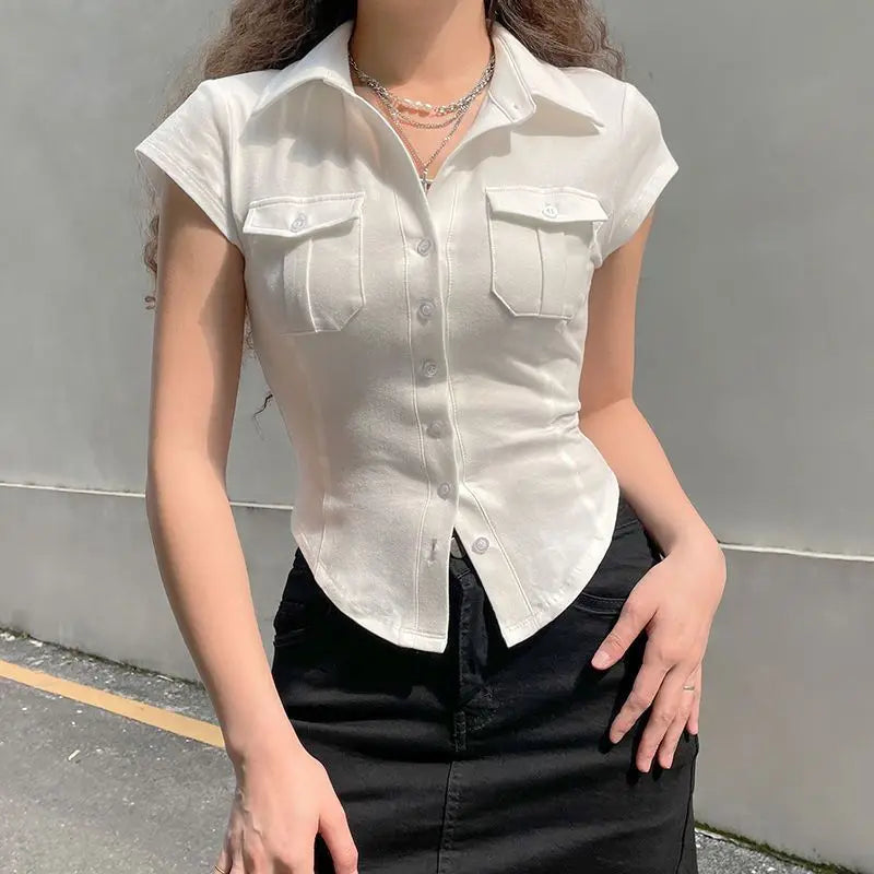 Skinny Short Sleeve Shirts Women Collar Pockets White T-Shirt Slim Fit Single-Breasted with black dress elegant cloth