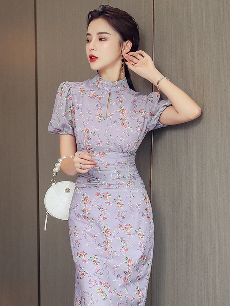 MingJieBiHuo Women's Sweet Asymmetrical Print Dress with Puff Sleeves – Summer Collection